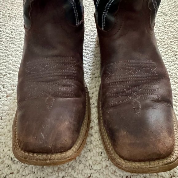Nocona brown & black leather square toe Western cowboy boots, men's size 9D - Picture 8 of 14